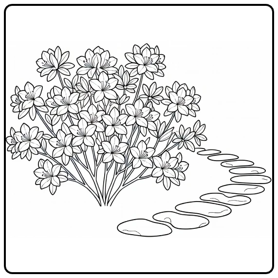 Azalea coloring page featuring a shrub next to a garden path