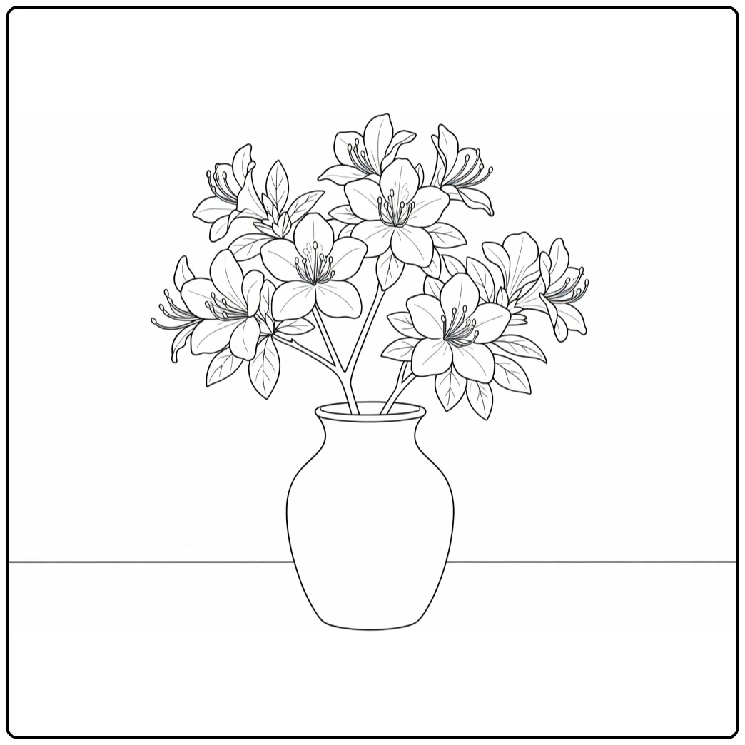 Azalea coloring page featuring a blooming branch in a vase