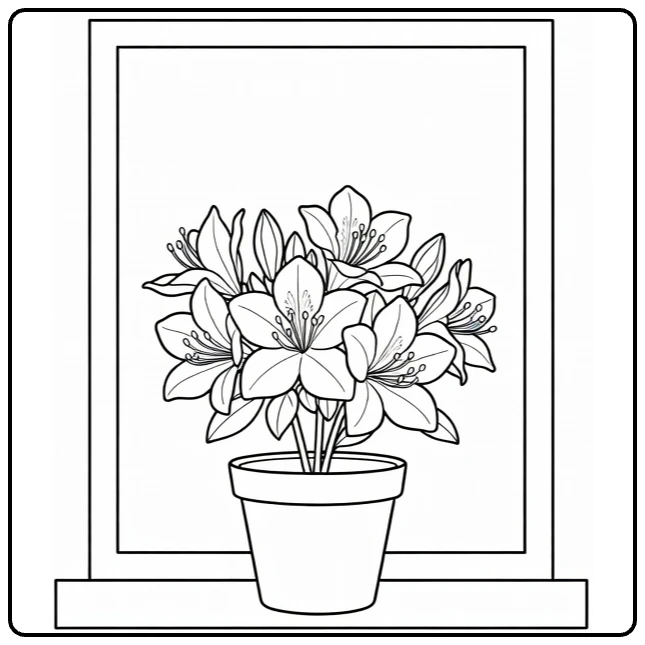 Azalea coloring page featuring a blooming pot on a windowsill