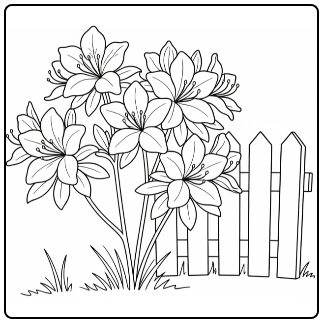 Garden azalea coloring page showing flowers beside a picket fence