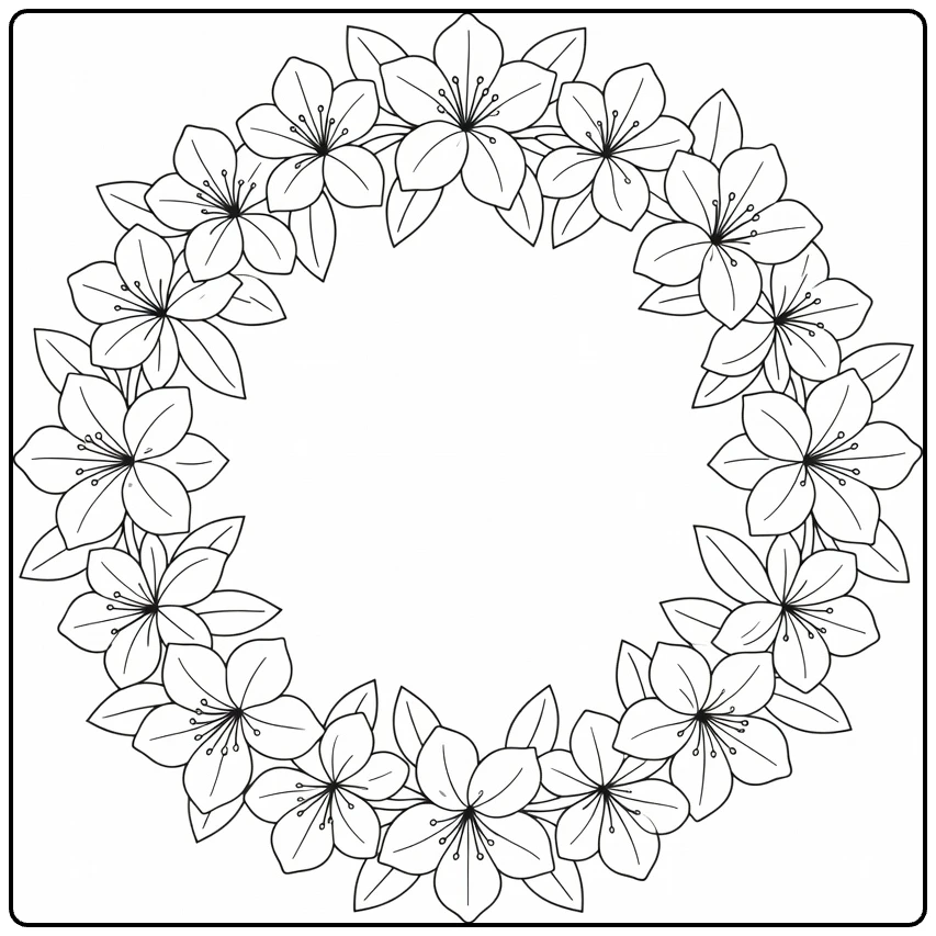 Azalea coloring page featuring flowers arranged in a round wreath