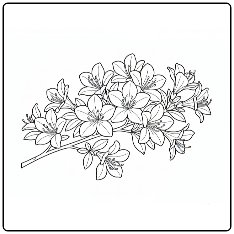Azalea coloring page showing blossoms arranged on a greeting card