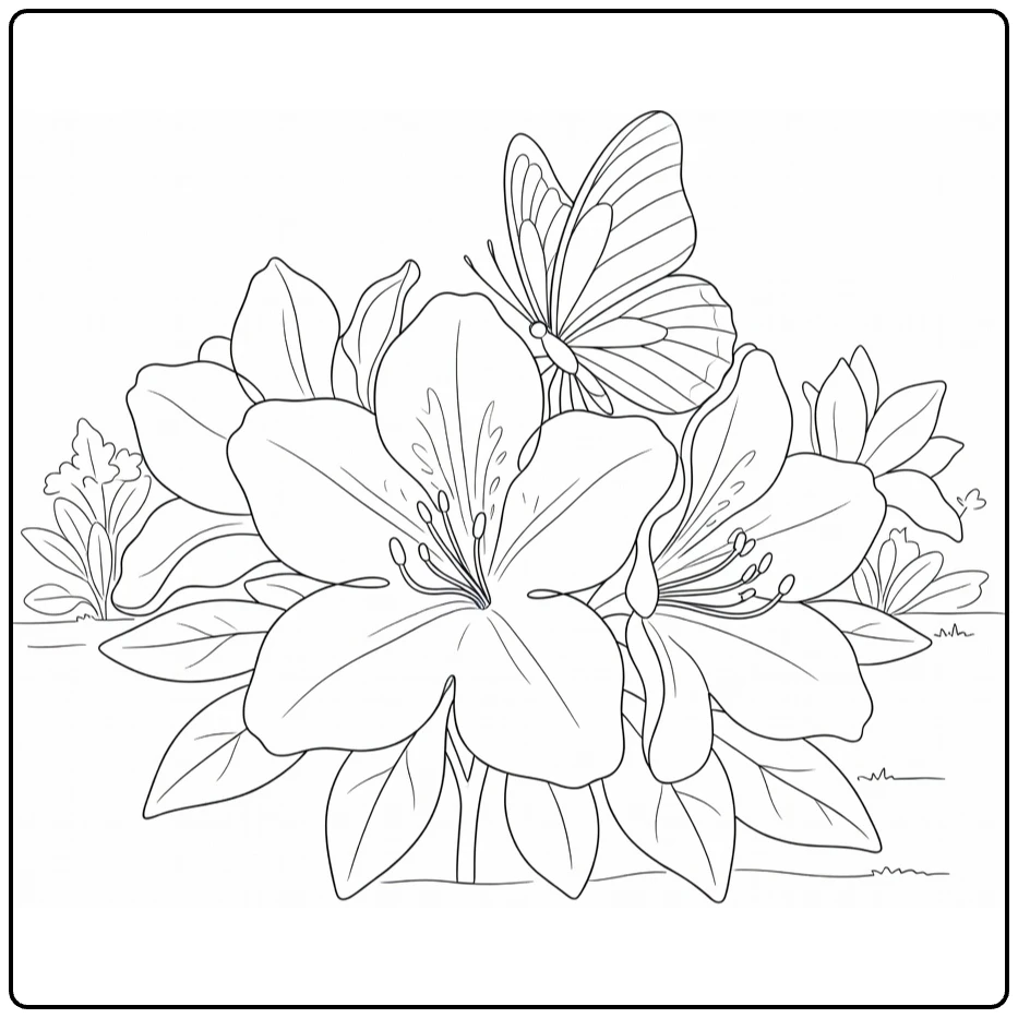 Azalea coloring page with a butterfly perched on the bloom