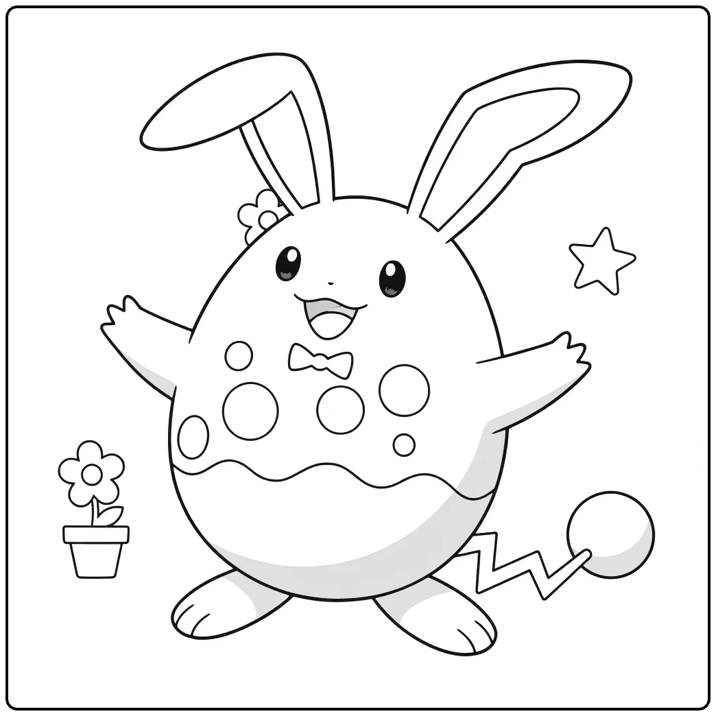 Azumarill Cheerful Figure with Ears and Flowers coloring page