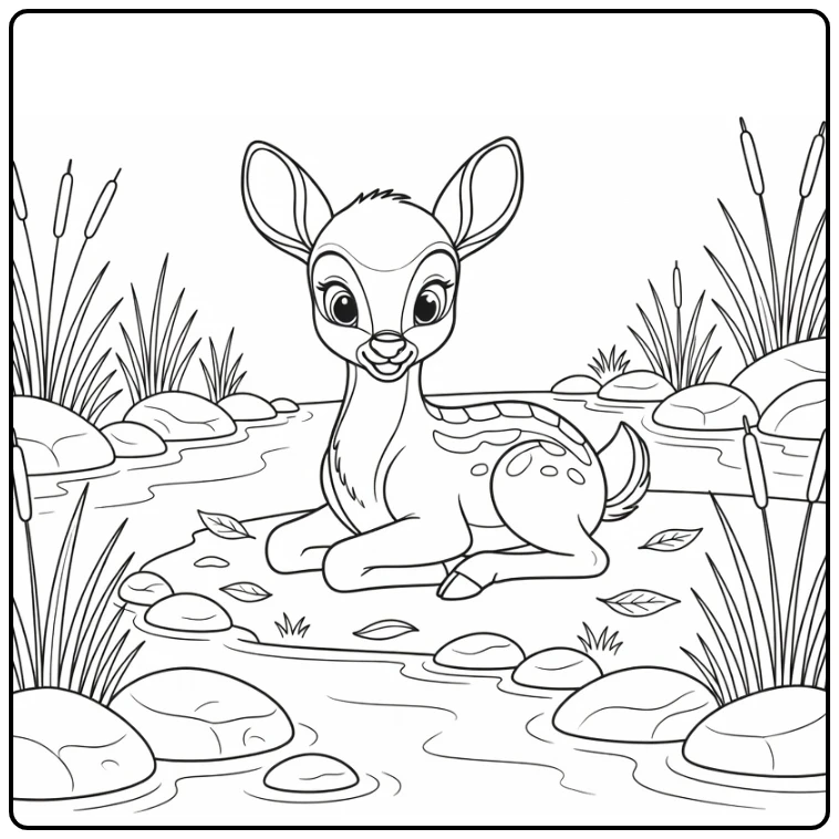Bambi Fawn at Forest Stream with Reeds and Leaves coloring page