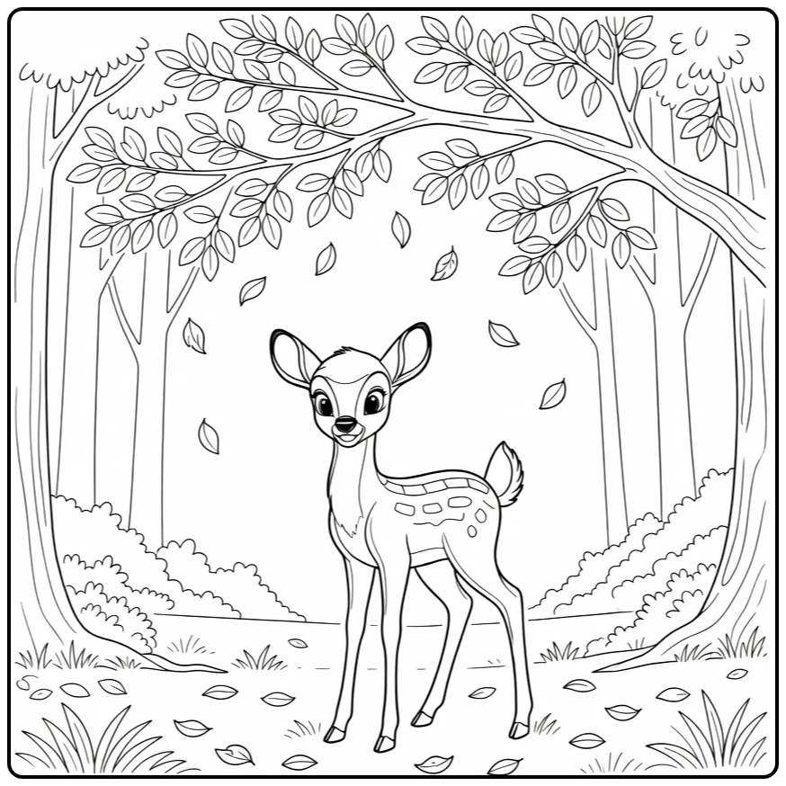 Bambi Fawn in Autumn Forest with Leaves coloring page