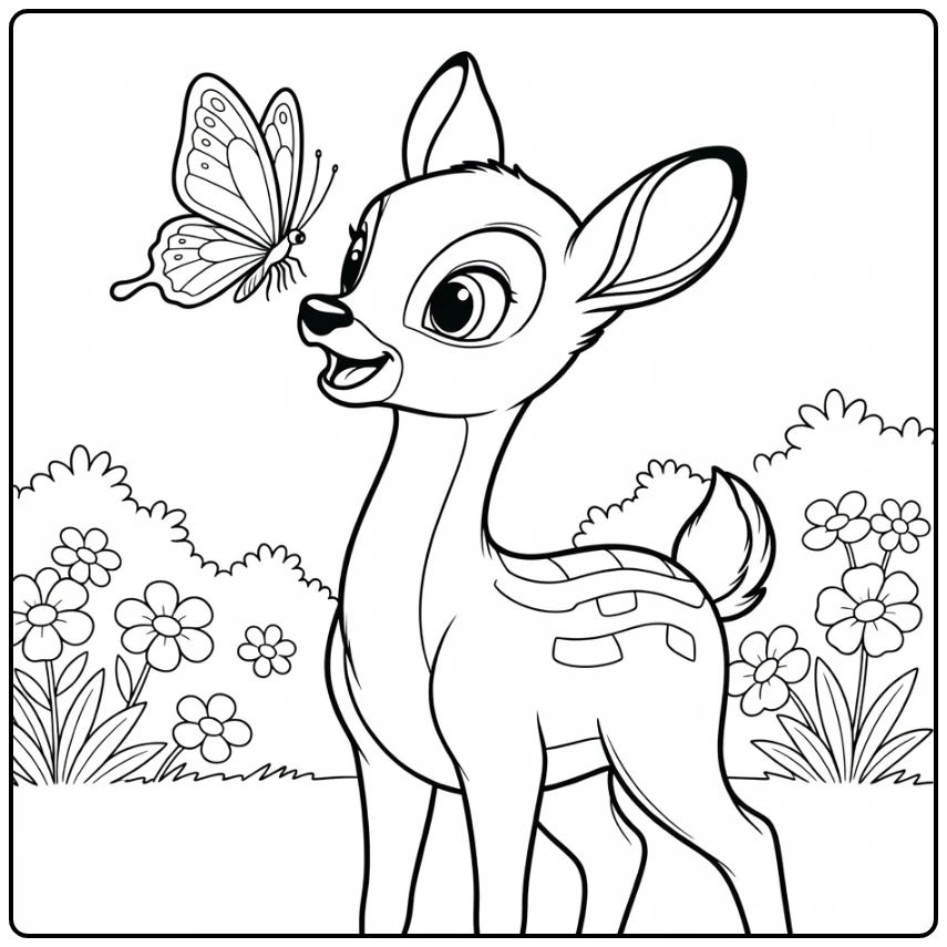 Bambi coloring page with a happy fawn and butterfly on its nose