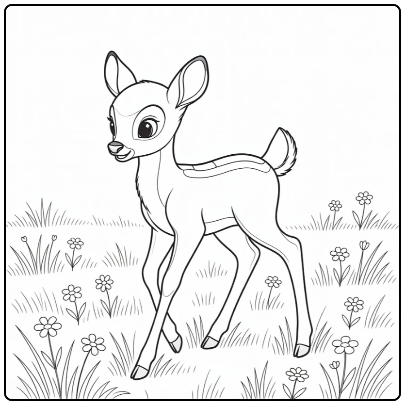 Bambi Young Deer Through Meadow with Wild Flowers coloring page