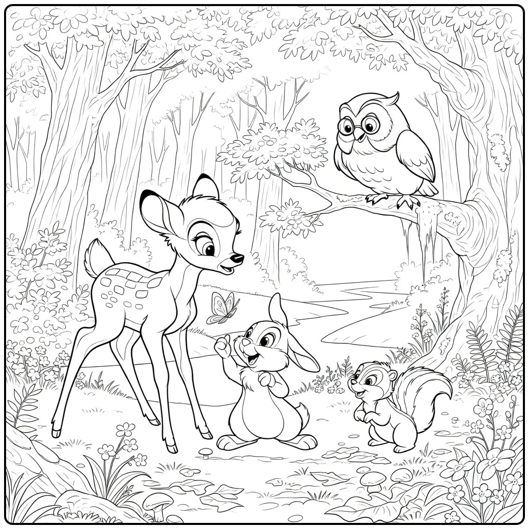 Bambi Forest Animals and Butterfly on Nose coloring page