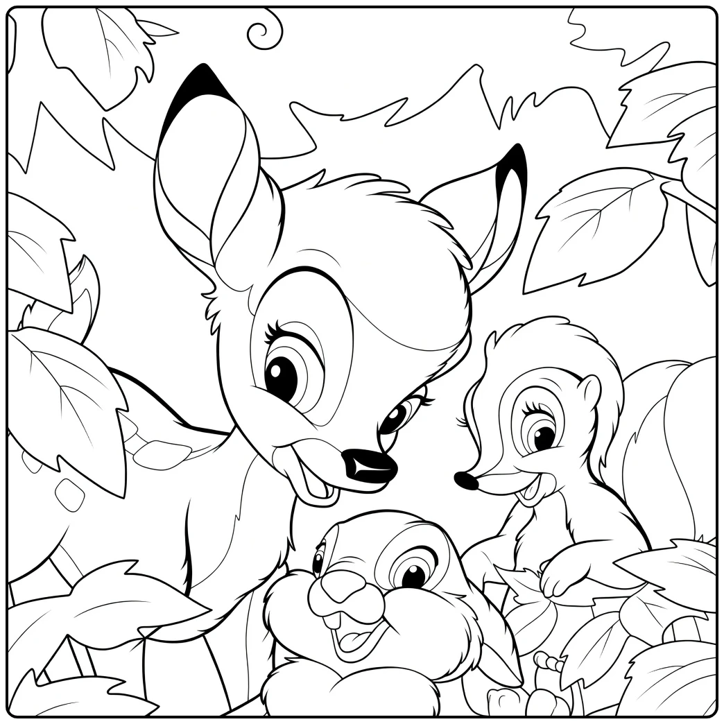 Bambi Smiling Animals in Foliage coloring page