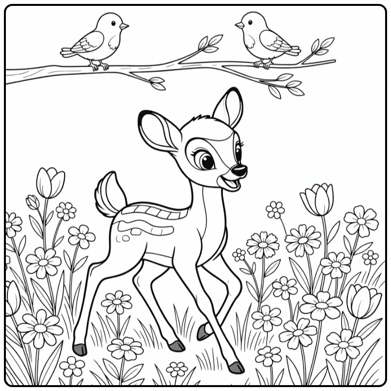 Bambi Fawn Flowers and Branch with Birds coloring page
