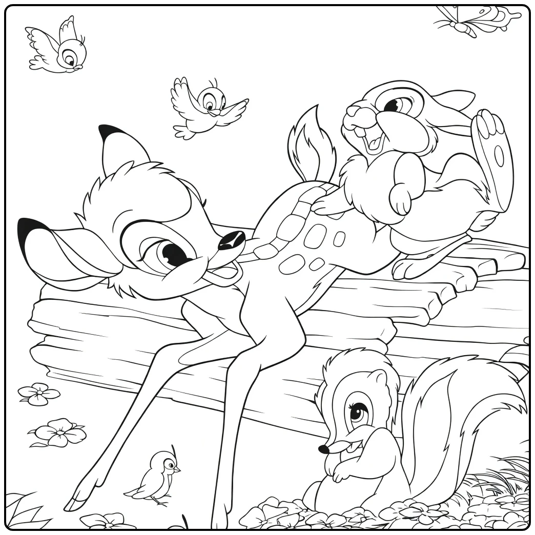 Bambi Smiling Deer Rabbit and Flowers coloring page