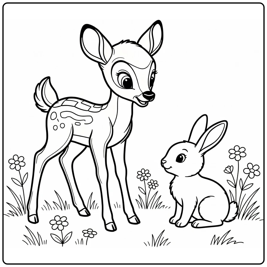 Bambi Curious Fawn and Little Rabbit coloring page