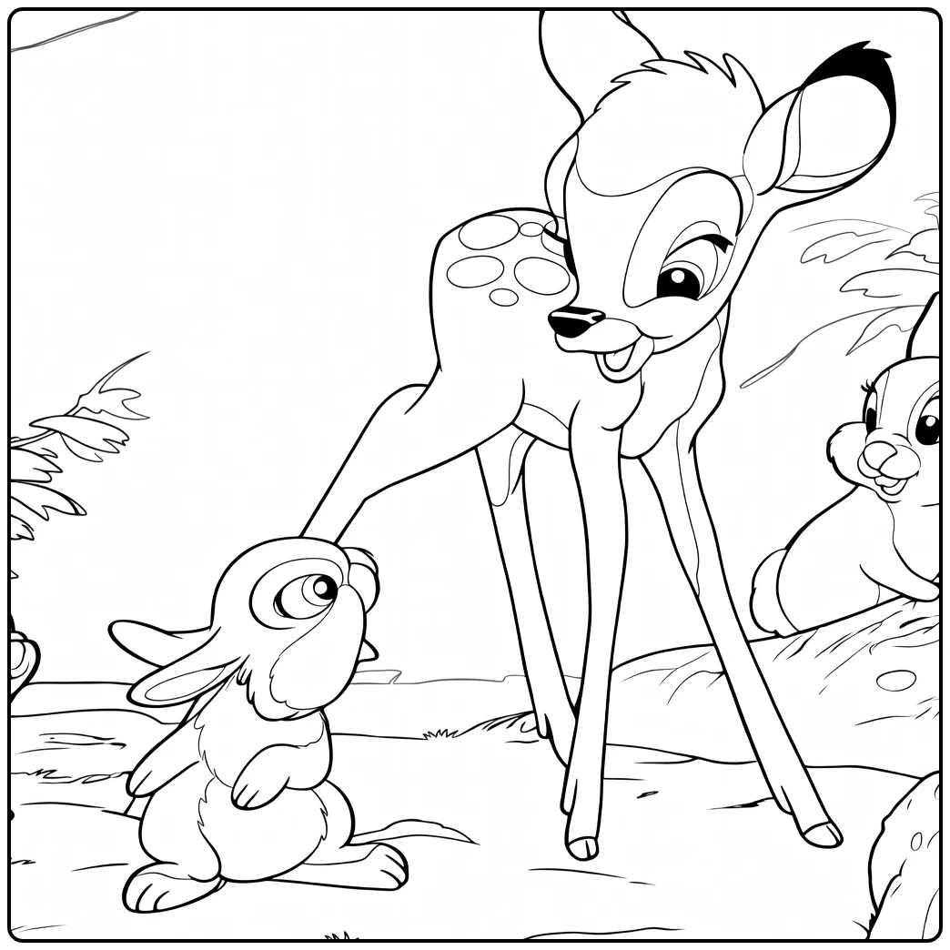 Bambi Deer and Startled Rabbit with Boy coloring page