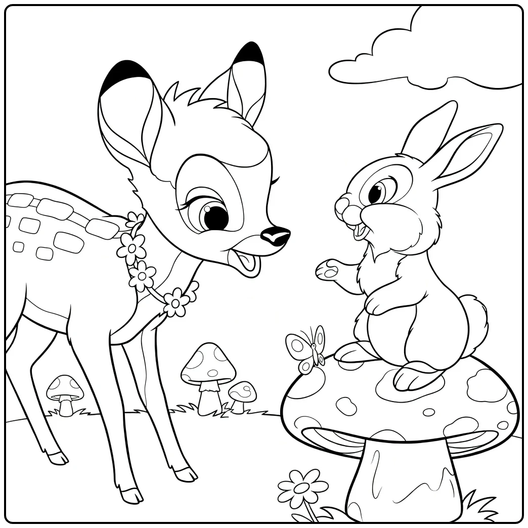 Bambi Cute Deer with Rabbit coloring page