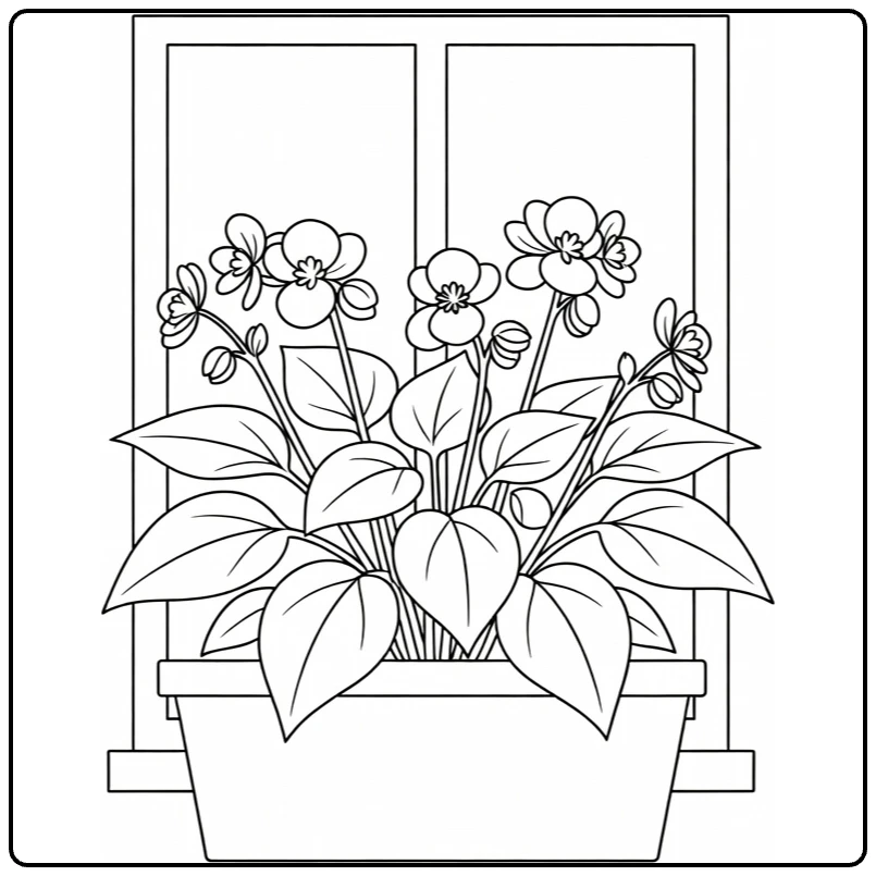 Begonia coloring page showing flowers in a window box