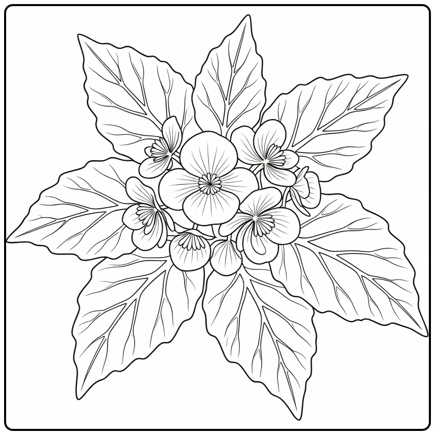 Begonia coloring page featuring delicate flowers and broad leaves