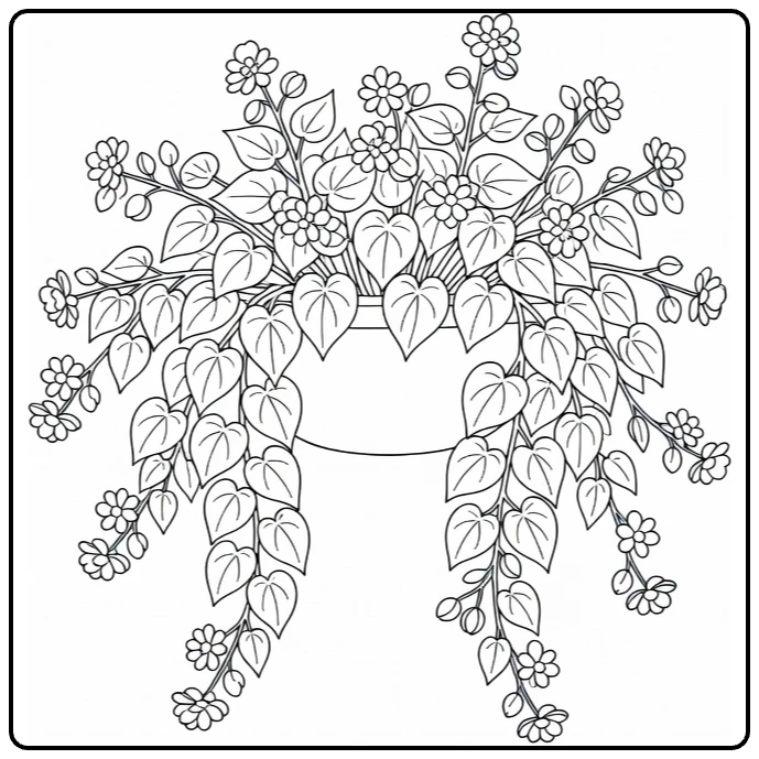 Begonia coloring page featuring a hanging basket full of flowers