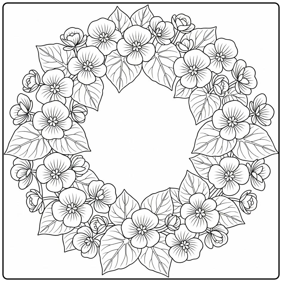 Begonia coloring page featuring a round flower wreath and broad leaves