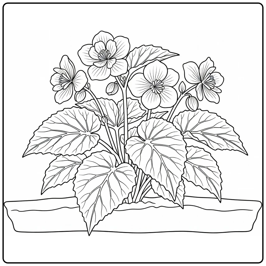 Begonia coloring page showing flowers and leaves in a garden bed