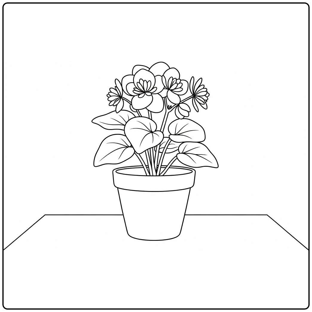 Begonia coloring page showing a blooming plant in a ceramic pot