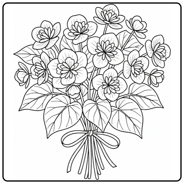 Begonia coloring page featuring a bouquet with ribbon and heart-shaped leaves