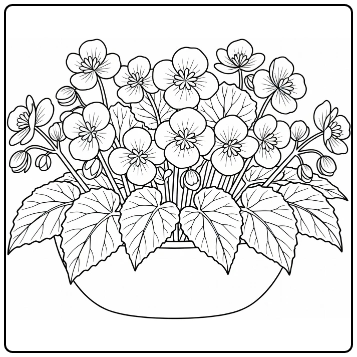 Begonia coloring page showing flowers and leaves in a low bowl