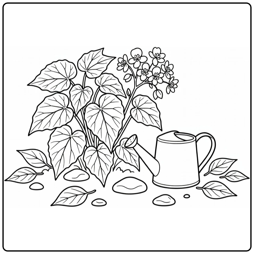 Begonia coloring page featuring a plant, watering can, stones, and leaves