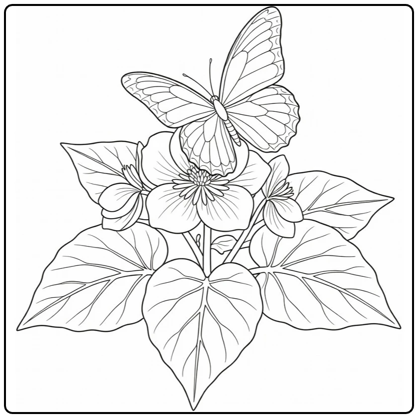 Begonia coloring page featuring a butterfly on a flower