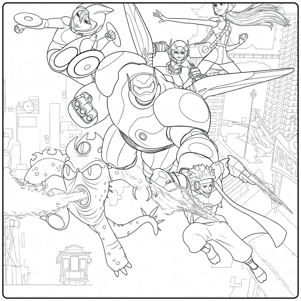big Hero 6 Heroes in Action Over City coloring page