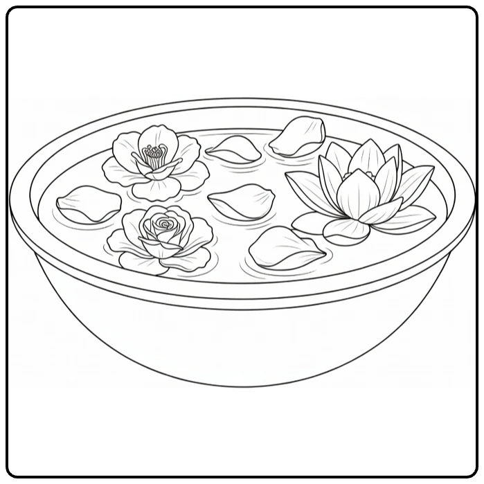 Flower petal coloring page showing blossoms and petals floating in water