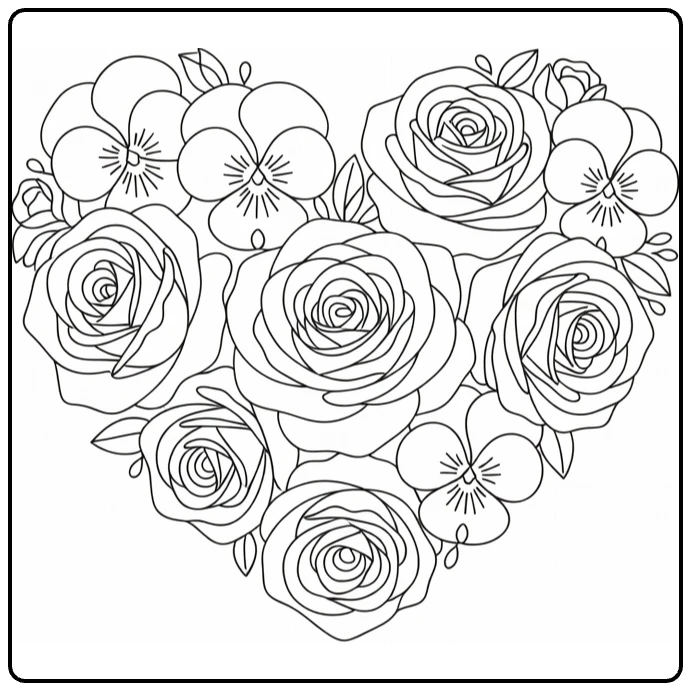 Flower petal coloring page featuring a heart made from roses and pansies