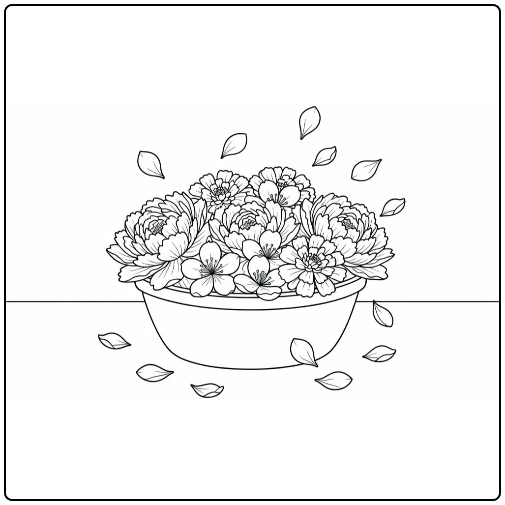Flower petal coloring page featuring a basket overflowing with blossoms