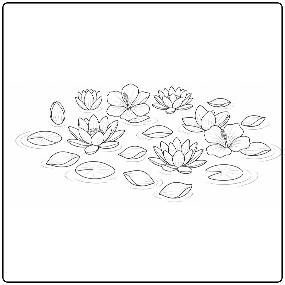 Flower petal coloring page showing water lilies and petals on a pond