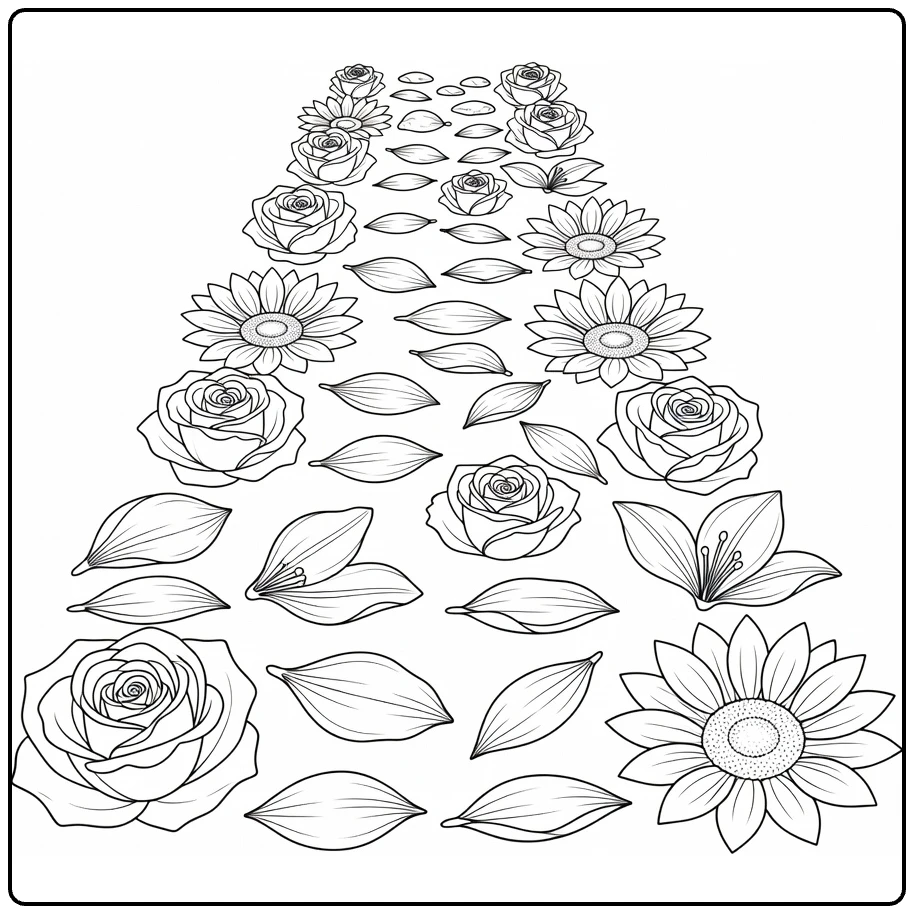 Flower petal coloring page showing blossoms and scattered petals along a path