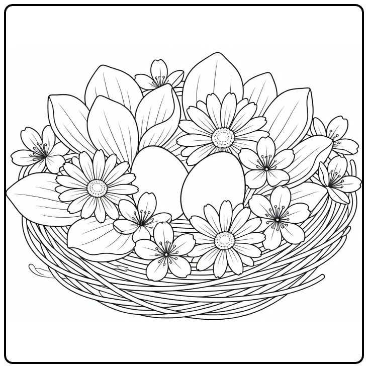 Flower petal coloring page featuring a nest, two eggs, and spring blossoms