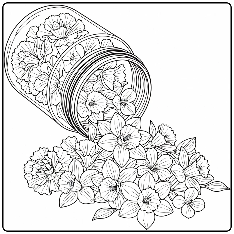 Flower petal coloring page showing a tipped jar full of blossoms
