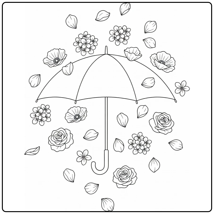 Flower petal coloring page showing an umbrella under a gentle petal shower