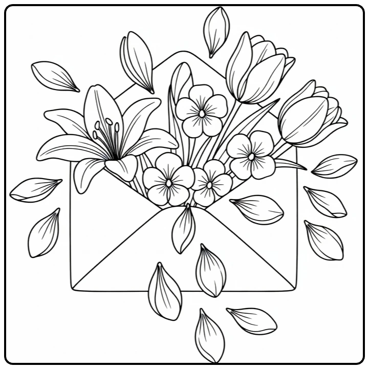 Flower petal coloring page featuring a floral envelope with falling petals