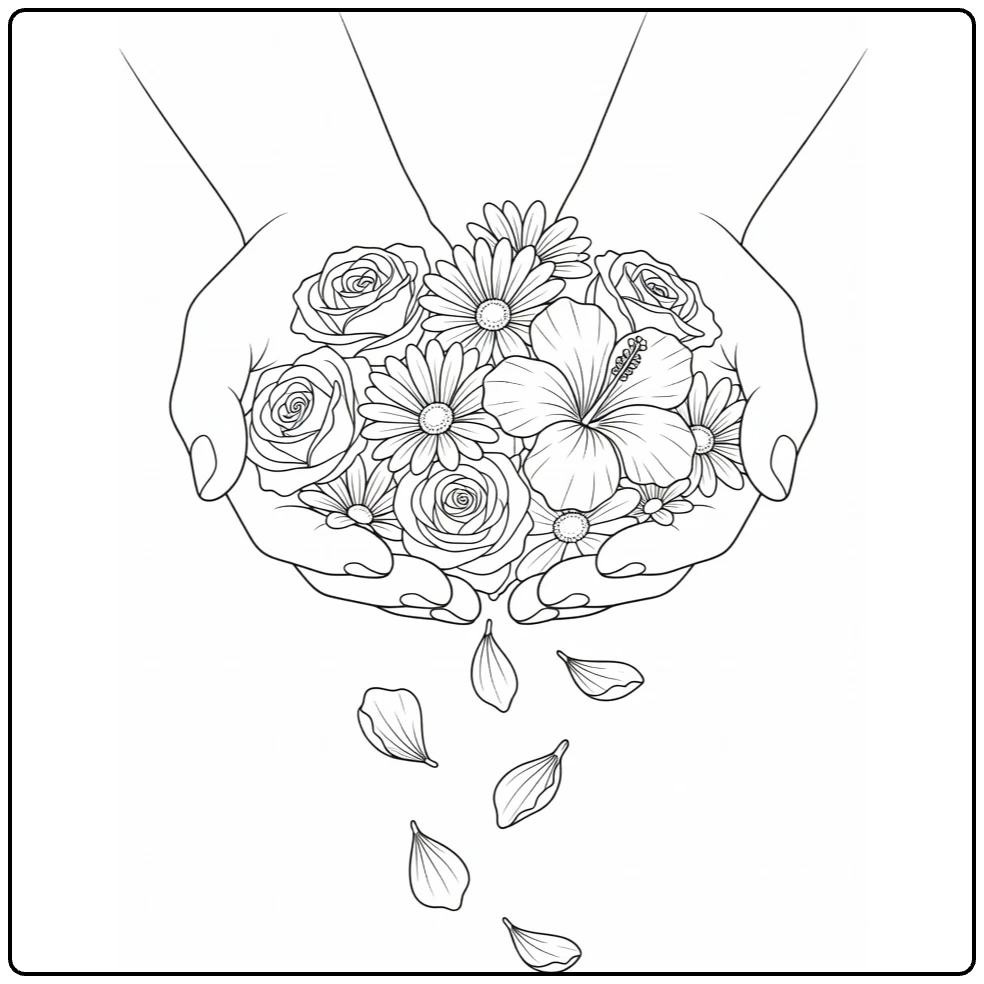 Flower petal coloring page featuring hands filled with flowers and falling petals