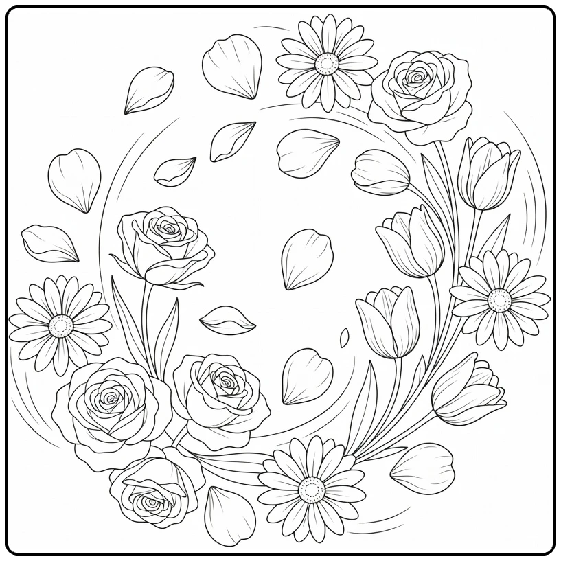 Flower petal coloring page showing a circular swirl of flowers and petals