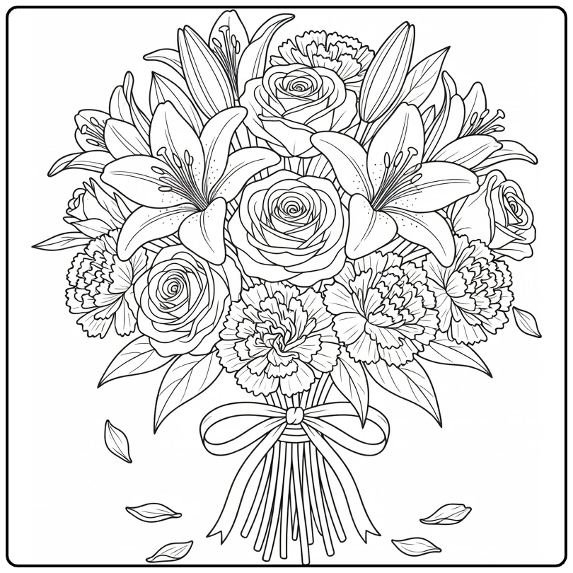 Easy flower coloring page featuring a bouquet of lilies, roses, and carnations