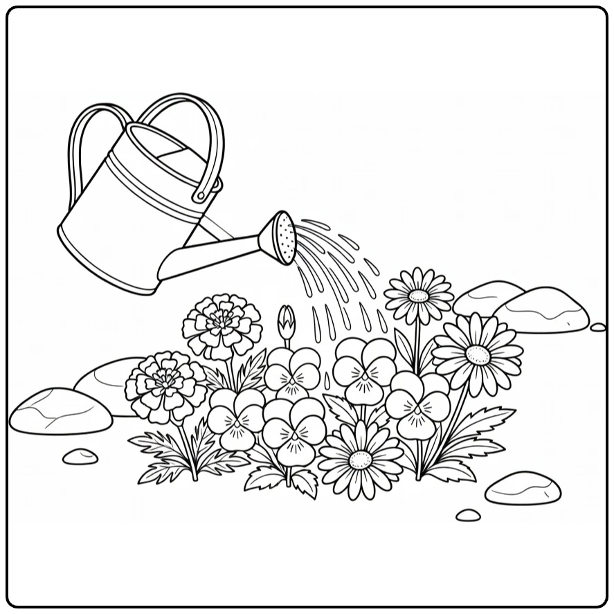 Easy flower coloring page showing a watering can over garden flowers