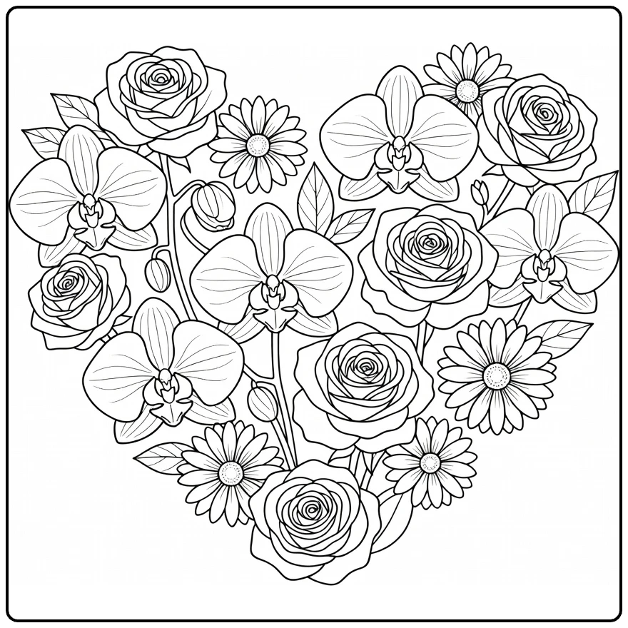 Easy flower coloring page showing a heart of orchids and roses