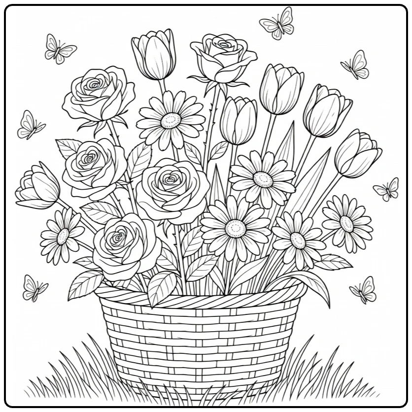 Easy flower coloring page featuring a basket of roses, daisies, and tulips
