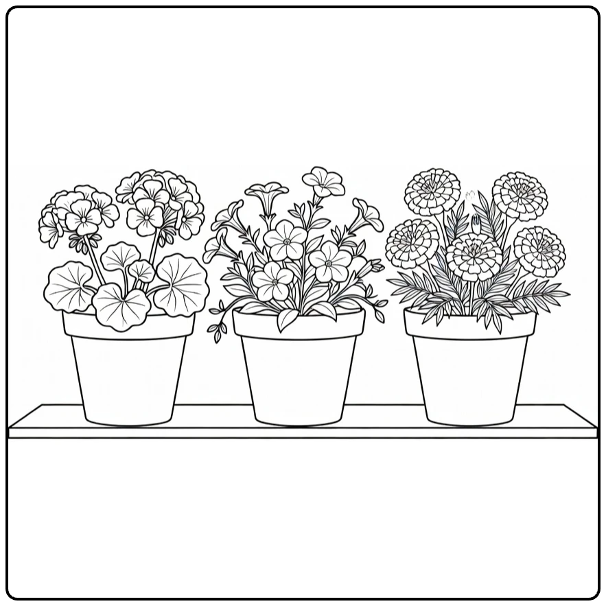 Easy flower coloring page showing three flowerpots on steps