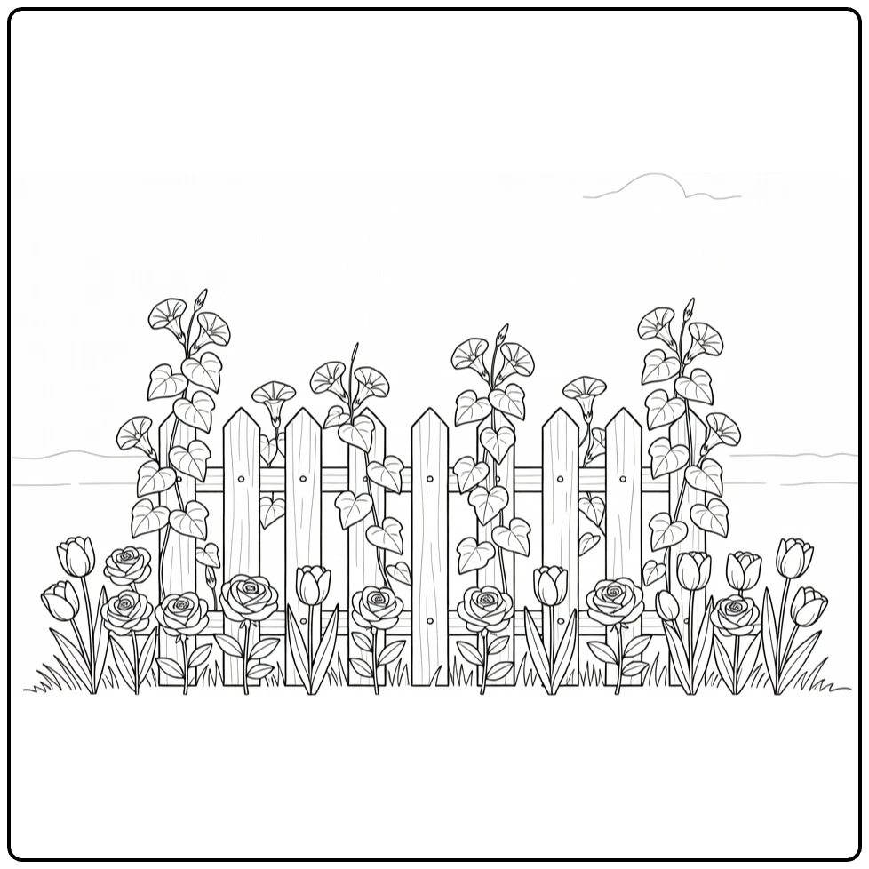 Easy flower coloring page showing climbing flowers on a fence