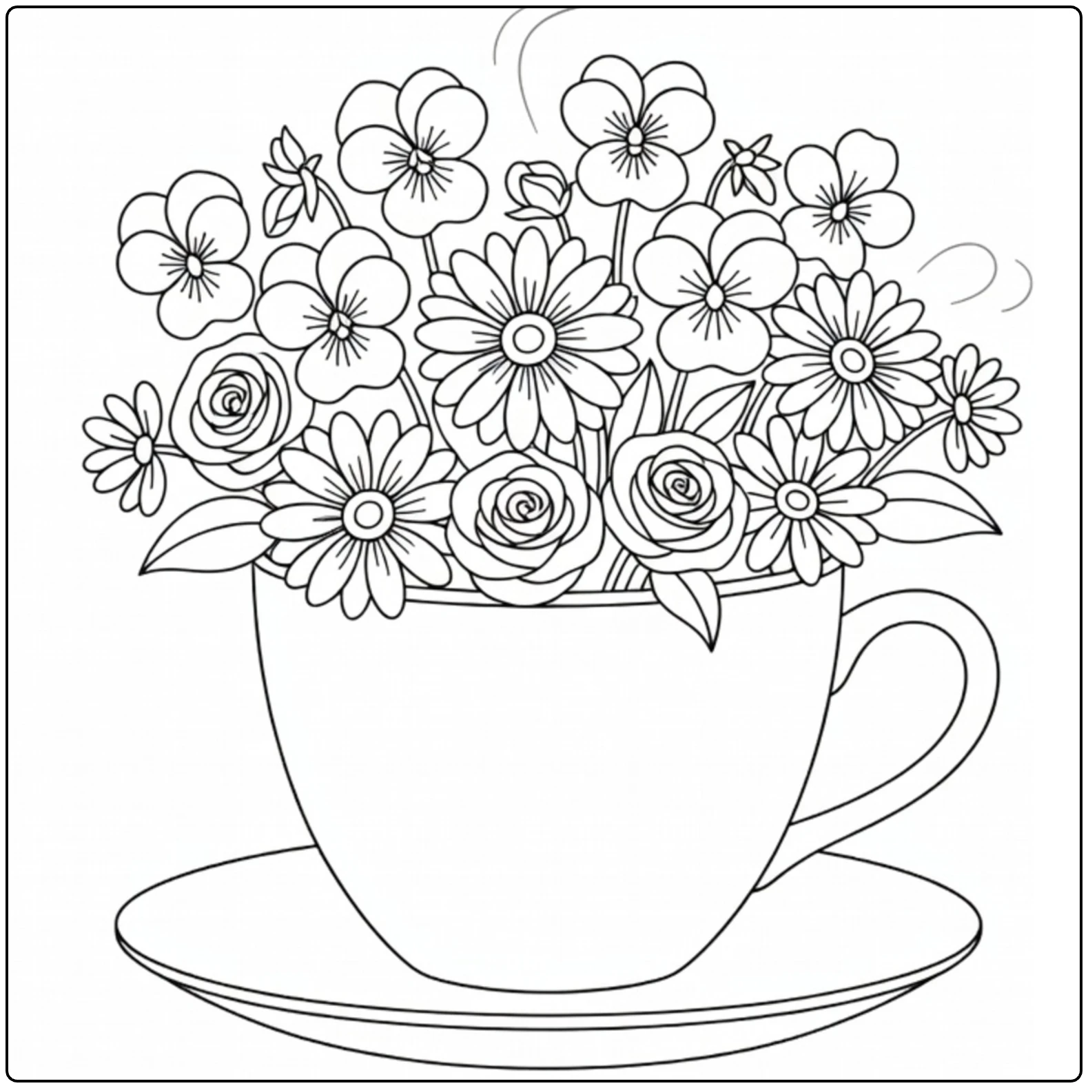 Easy flower coloring page featuring a teacup planter with flowers