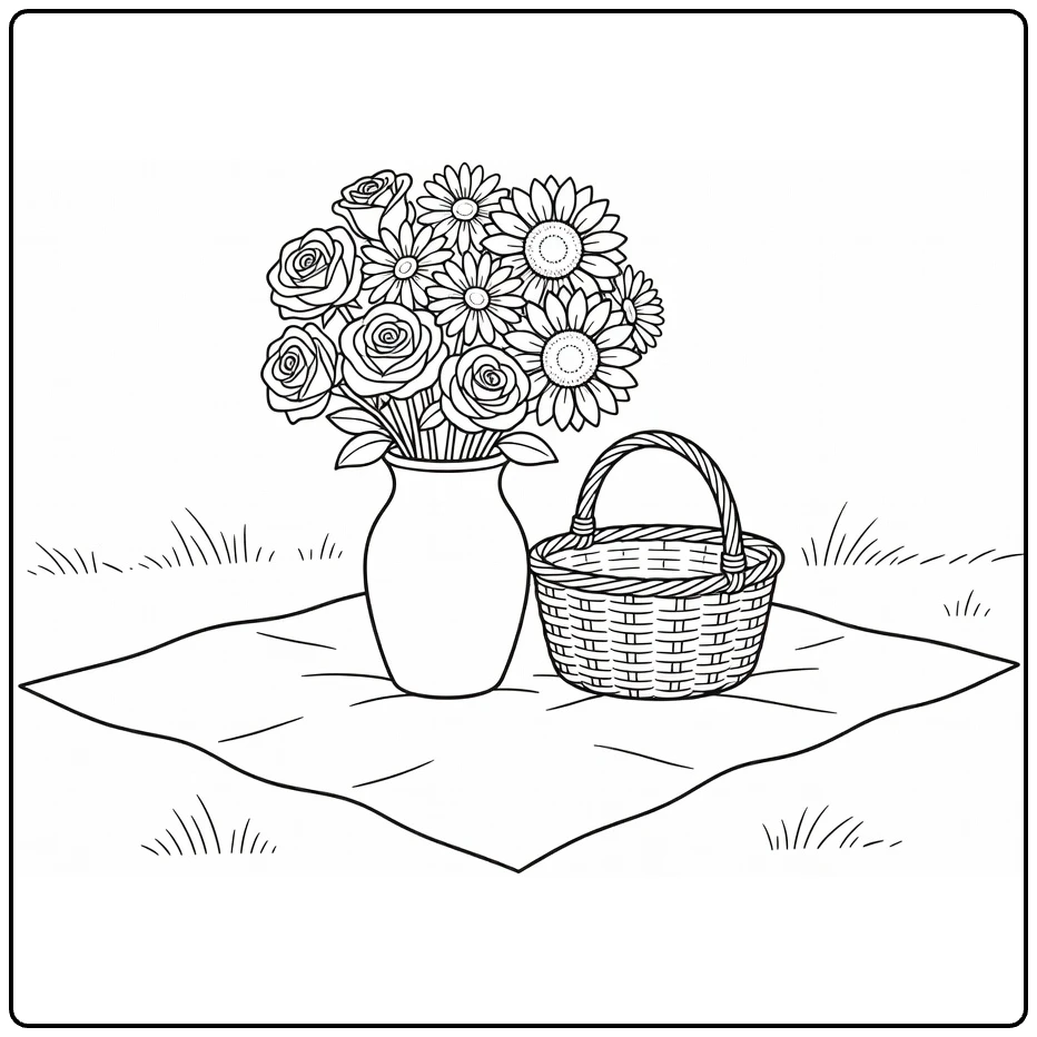 Easy flower coloring page featuring a picnic vase and basket