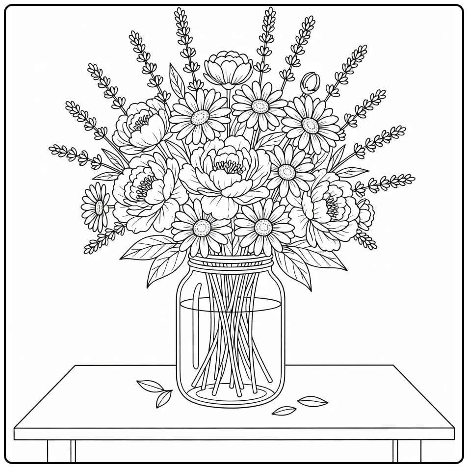 Easy flower coloring page featuring flowers in a glass vase
